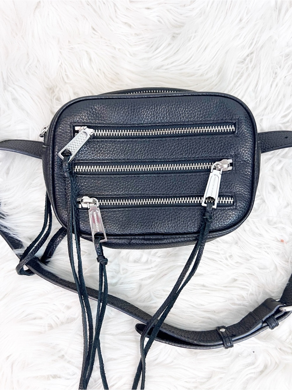 REBECCA MINKOFF BLACK LEATHER 3 ZIP SMALL BELT BAG PURSE ZIPPERS FRINGE